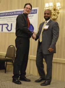 TRU Board President Kelly Logan (left) recognized Senator Bert Johnson for his consistent transit support.