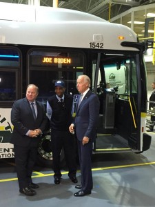 Mayor Duggan and DDOT staff enthusiastically welcomed Vice President Joe Biden's help in purchasing 80 new buses for the DDOT fleet.