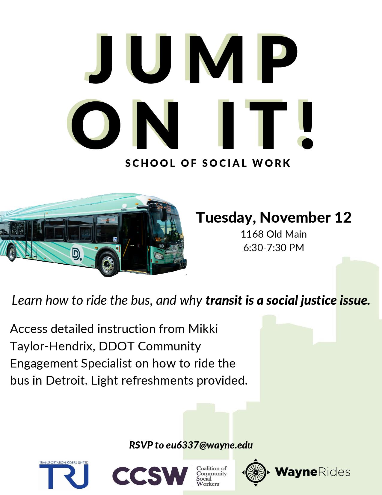 The flyer for the Jump on It! event. Details are covered in the text of this blog post. It has a cute green DDOT bus on it.