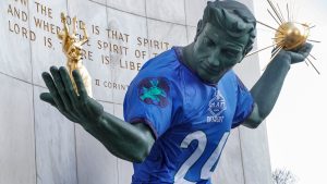 Spirit of Detroit in Lions Jersey commemorating the 2024 NFL Draft