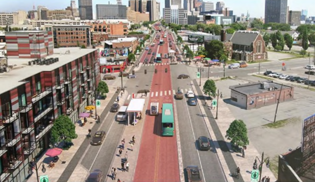 Michigan ave with a proposed BRT running down the middle, from a MDOT reimagining