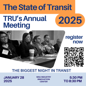 A flyer for the state of transit 2025. Includes event details: The date being Janurary 28, 2025, the time being 5:30pm to 8pm and the location as the WSU Industry and Innovation Center. Has a qr code to register, but the link to register should be in the description
