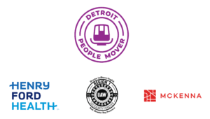 Logos of the People Mover, Henry Ford Health, UAW Region 1, and McKenna Architects