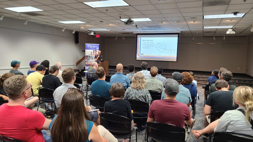A room of attentive attendees at the Transit Tuesday Talk in Ann Arbor.