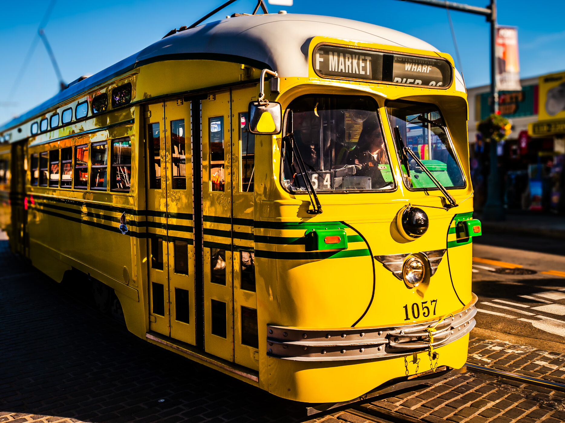 A historic streetcar on San Francisco’s F Market & Wharves rail line, as seen in the Fisherman’s Wharf area.