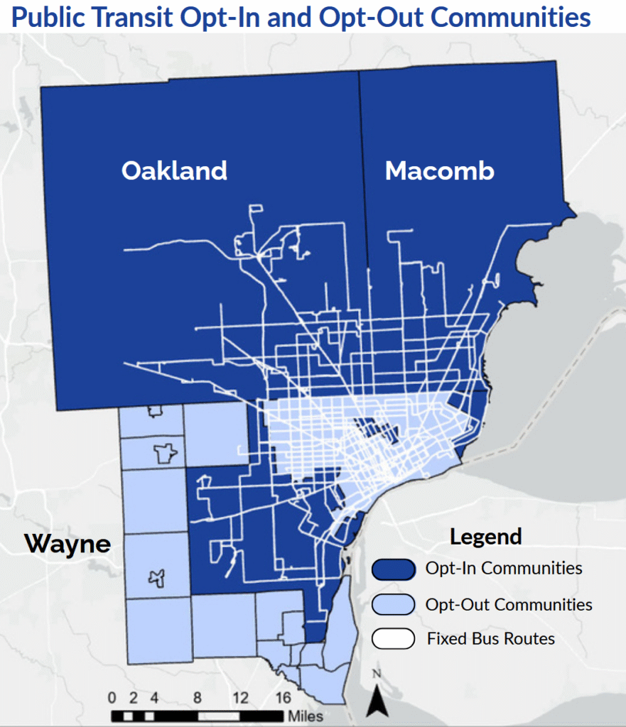 Map of metro Detroit opt-in and op-out SMART communities, with fixed route transit lines mapped. Oakland and Macomb Counties are fully opt-in, and Detroit has DDOT service. However, many communities in Wayne County op-out of SMART service, and bus lines stop near their borders