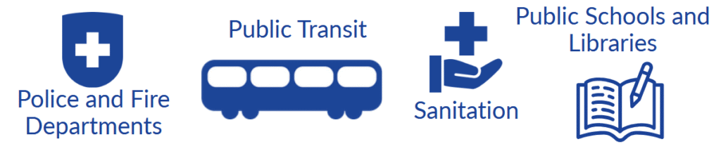 Public services listed like police and fire departments, public transit, sanitation and public health, and public schools and libraries