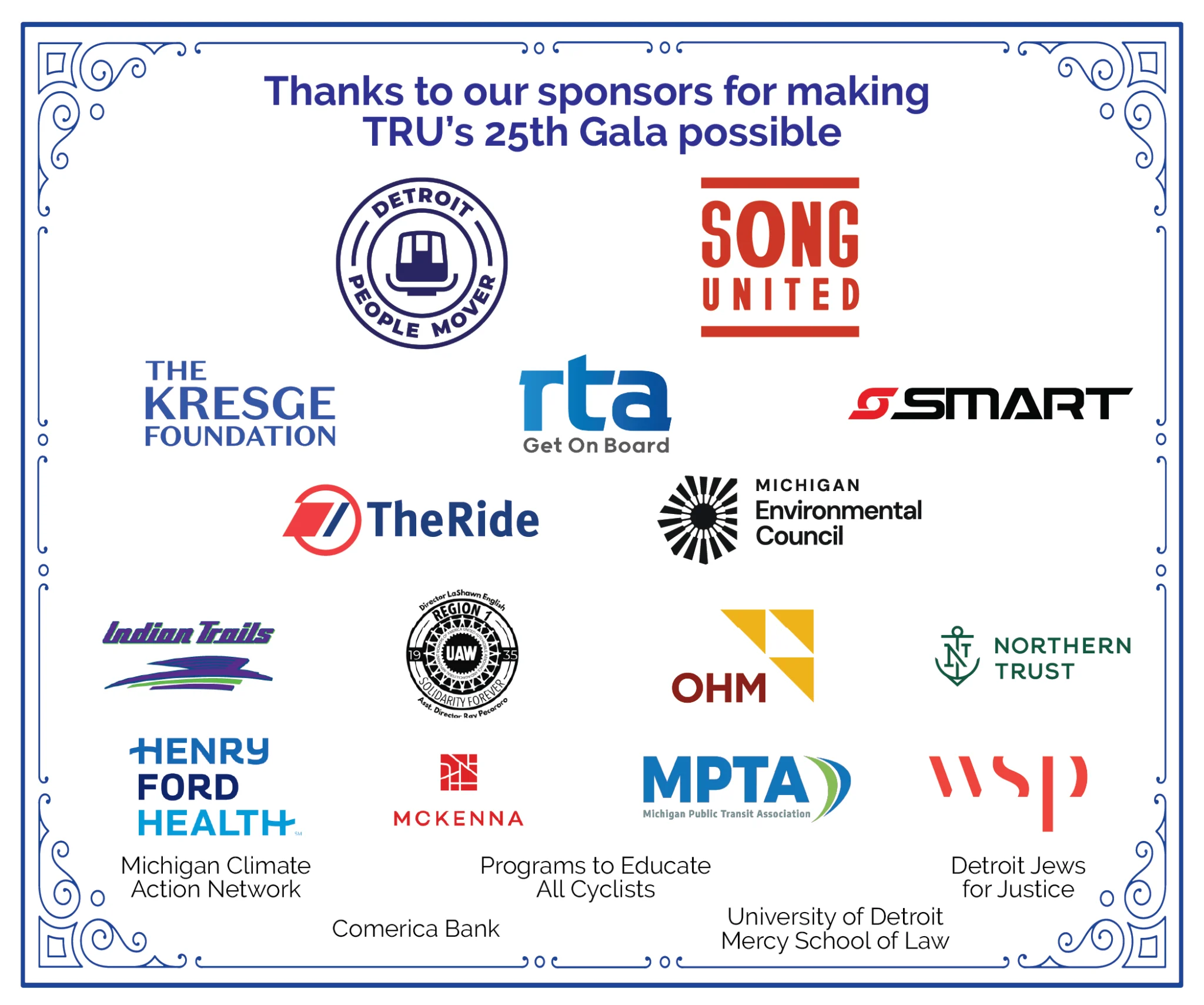 Sponsors for TRU's 25th Anniversary Gala.