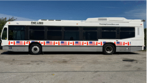 The Linq Tunnes Bus, wrapped in US and Canadian flags