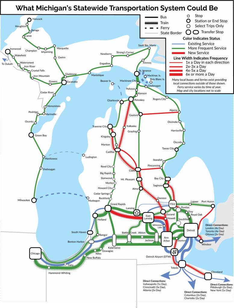 TRU's vision for what Michigan's cross-state transit system could be.