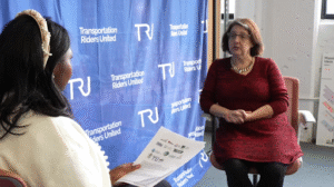 Megan being interviewed on the news.