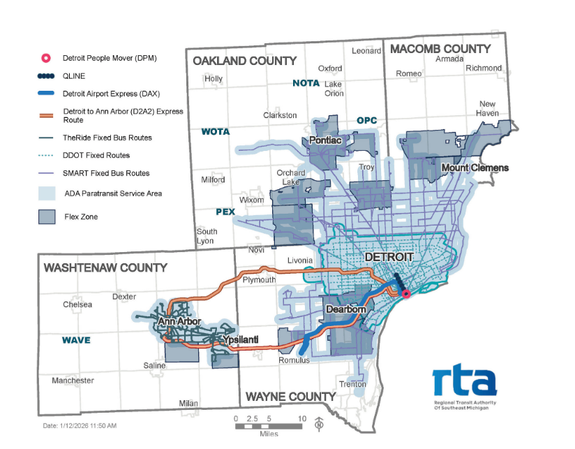 Map from the RTA showing transit providers in Southeast Michigan