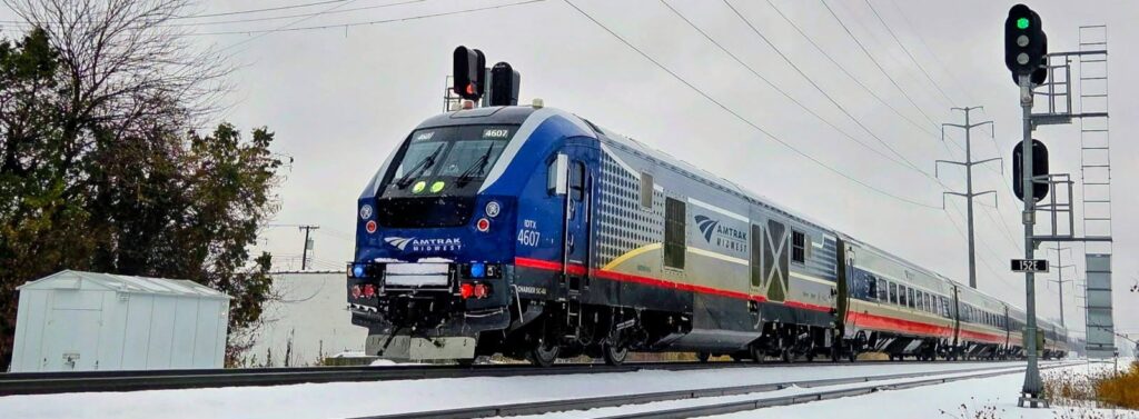 Amtrak train on a snowy day in Metro Detroit. Photo by Jack Lee Styrker II