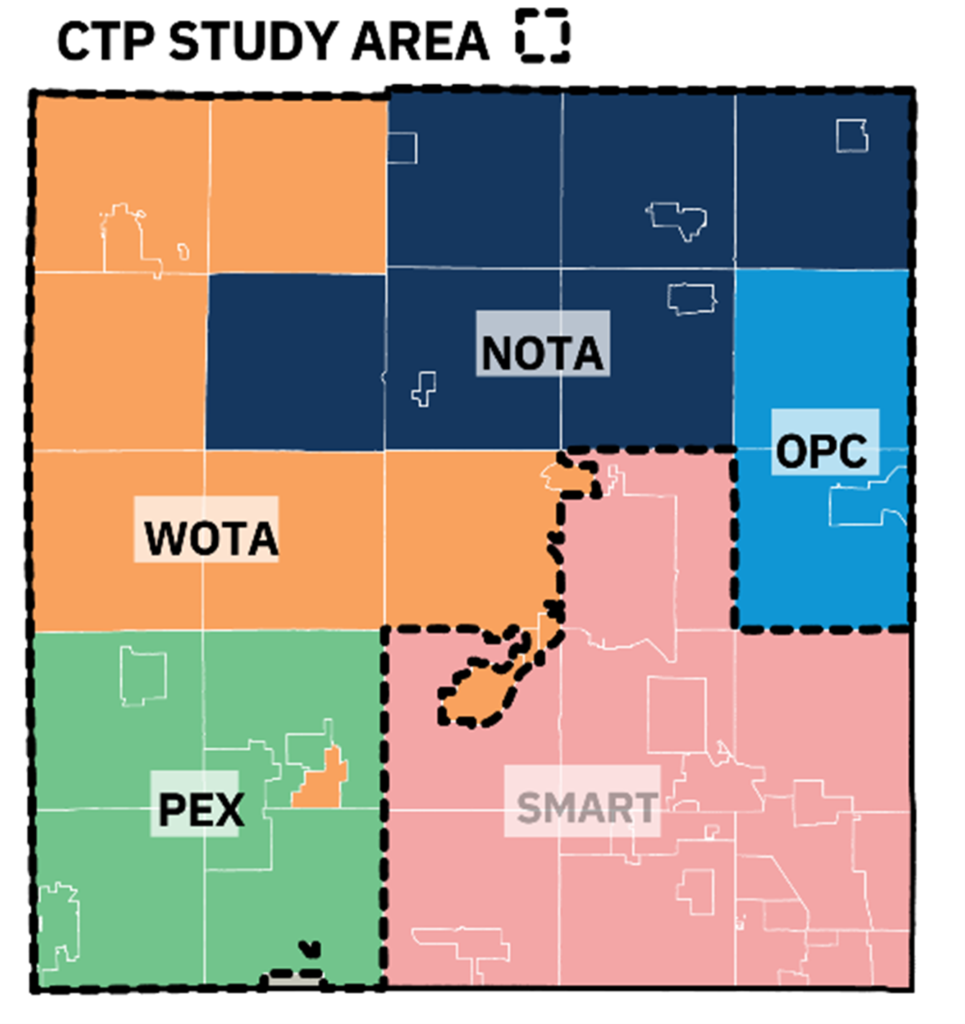 Community "dial-a-ride" and paratransit providers in Oakland County after the 2022 Oakland countywide millage. Shows WOTA in northwest, PEX in southwest, NOTA in Northeast, and OPC in the Rochester area. SMART provides paratransit directly in Southeast Oakland County. Not shown are fixed route buses.