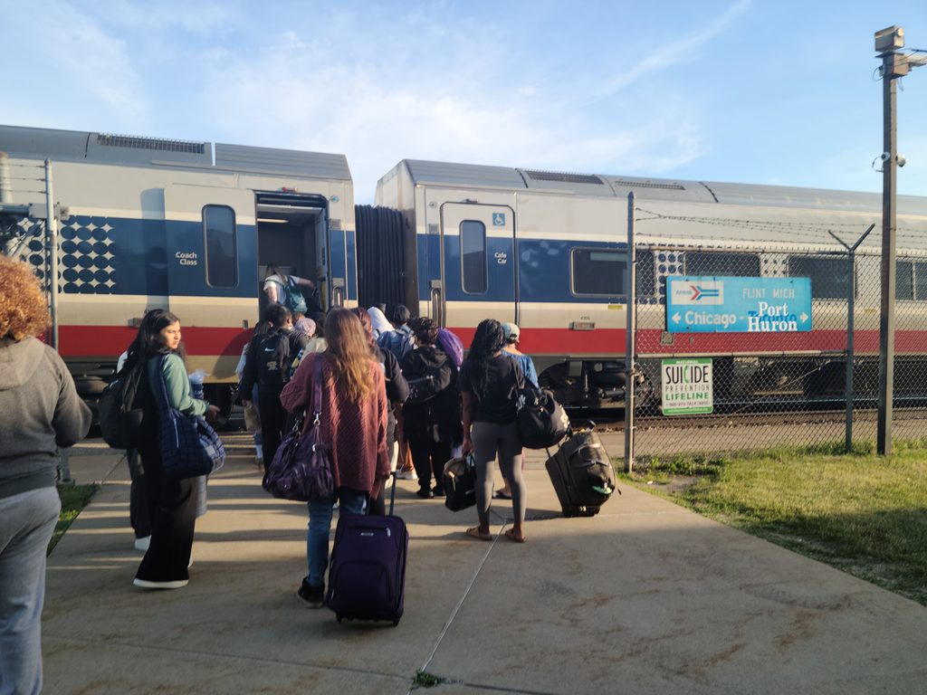 An Amtrak crowd at Flint's Amtrak Station