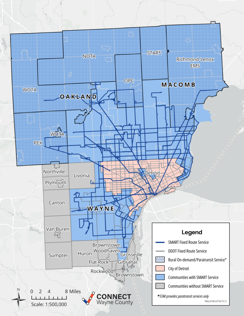 Map of Wayne, Oakland, and Macomb counties, showcasing SMART public transit and DDOT routes.