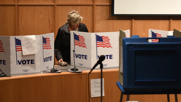 Voter voting behind a trifold, with the American flag on it and "VOTE" in text below