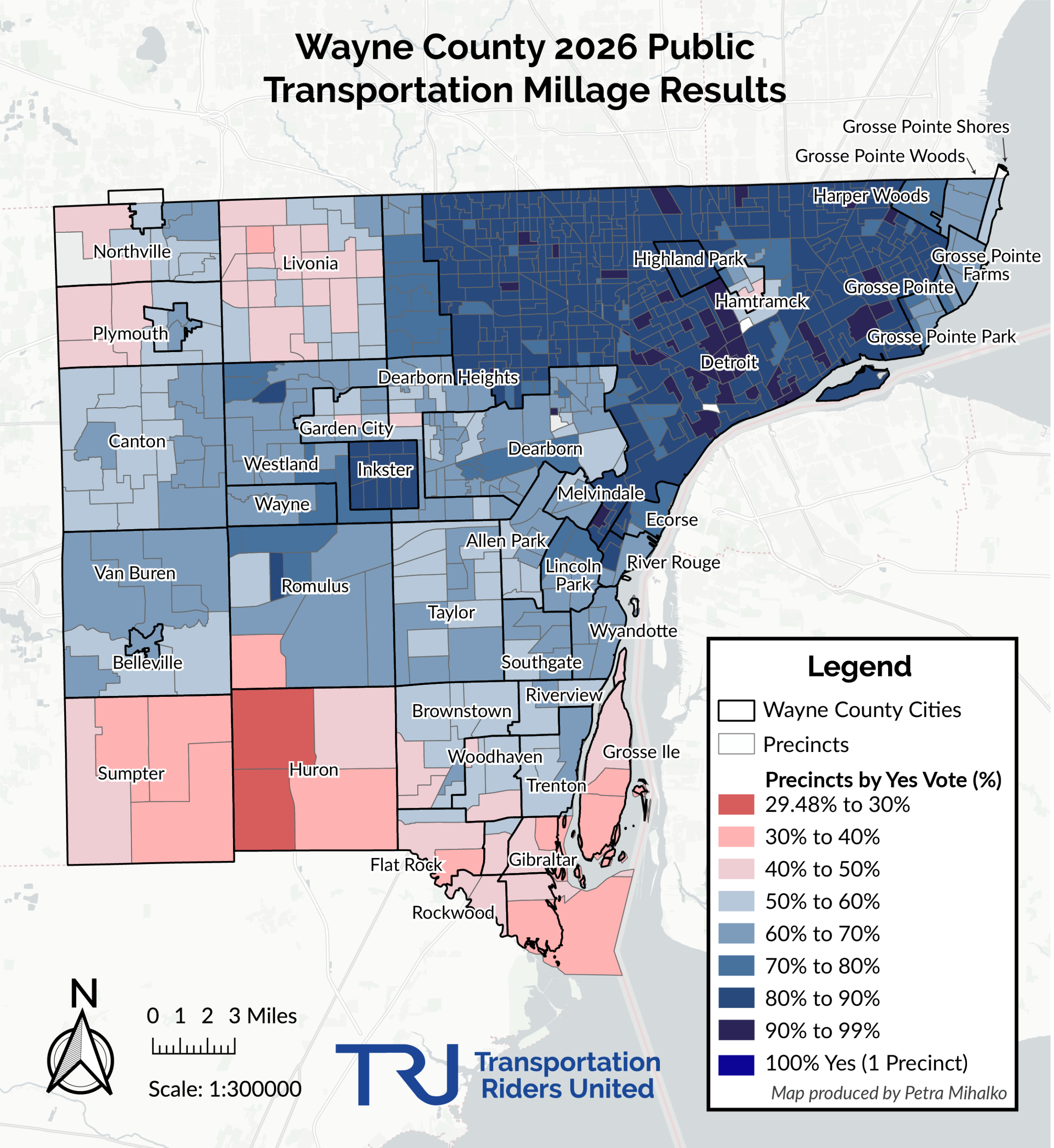 Results map of the Wayne County 2026 transit millage