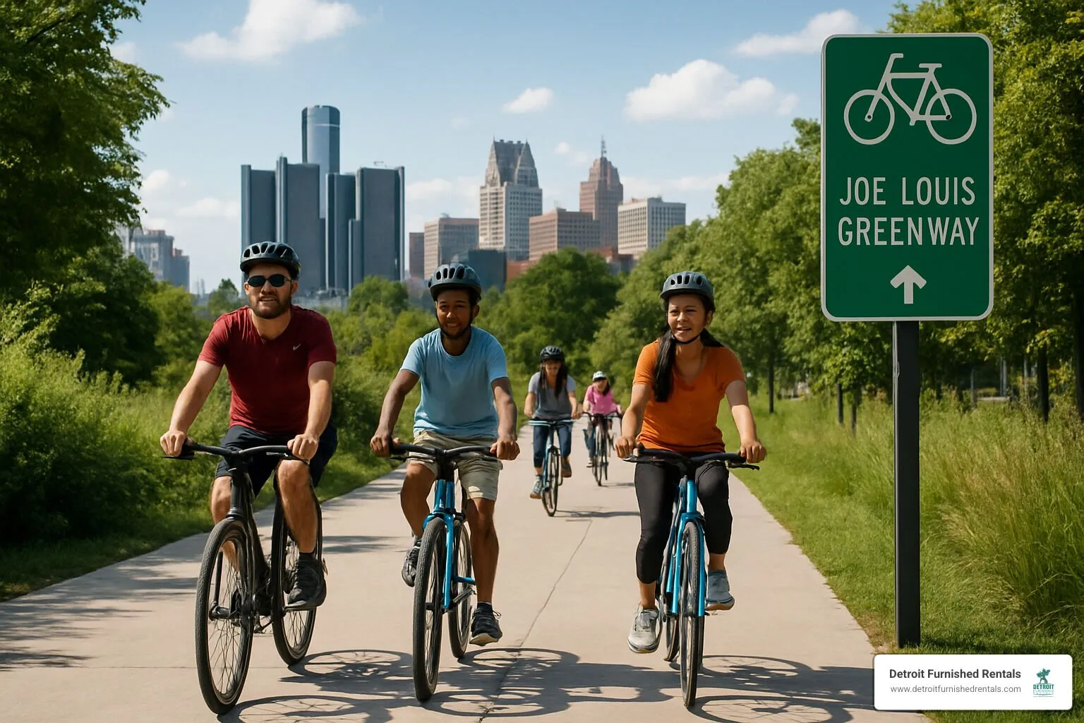 Bikers riding on the Joe Louis Greenway