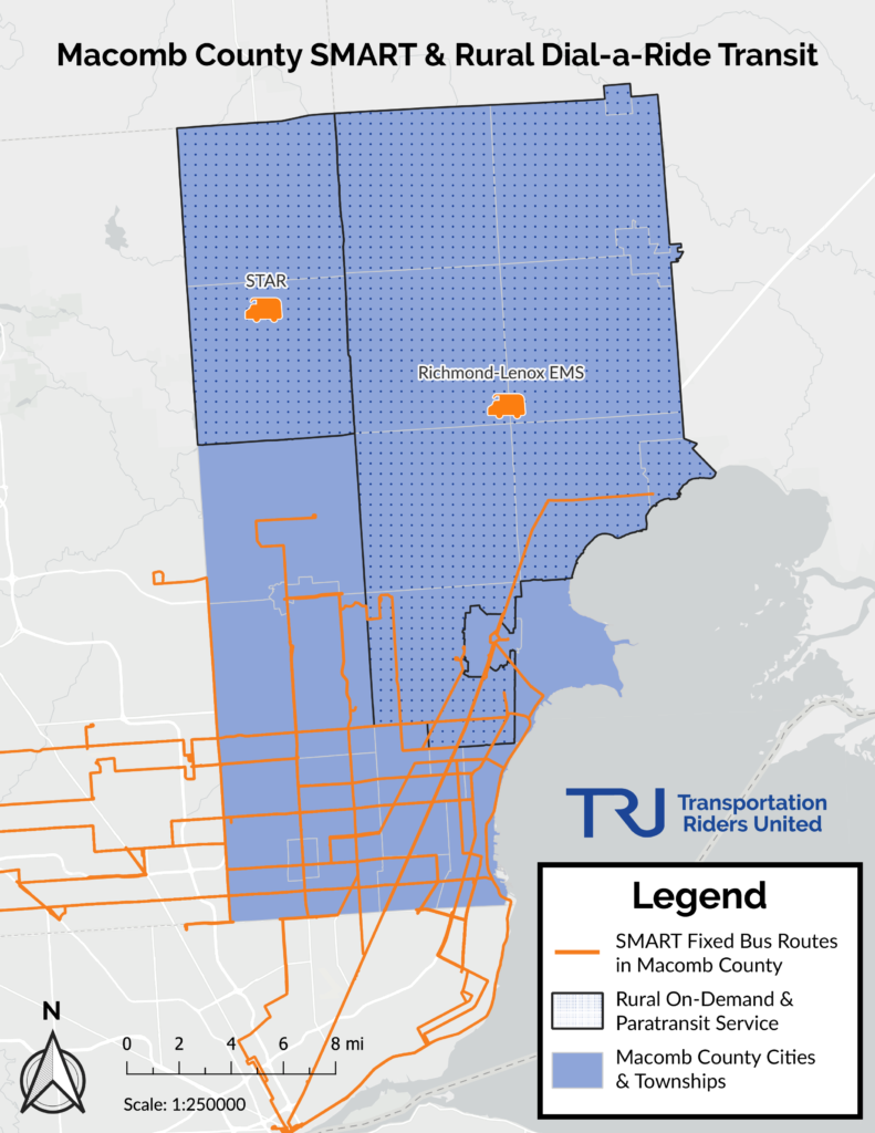 Macomb County SMART map, showing rural dial-a-ride partners and fixed-route SMART buses in Macomb County